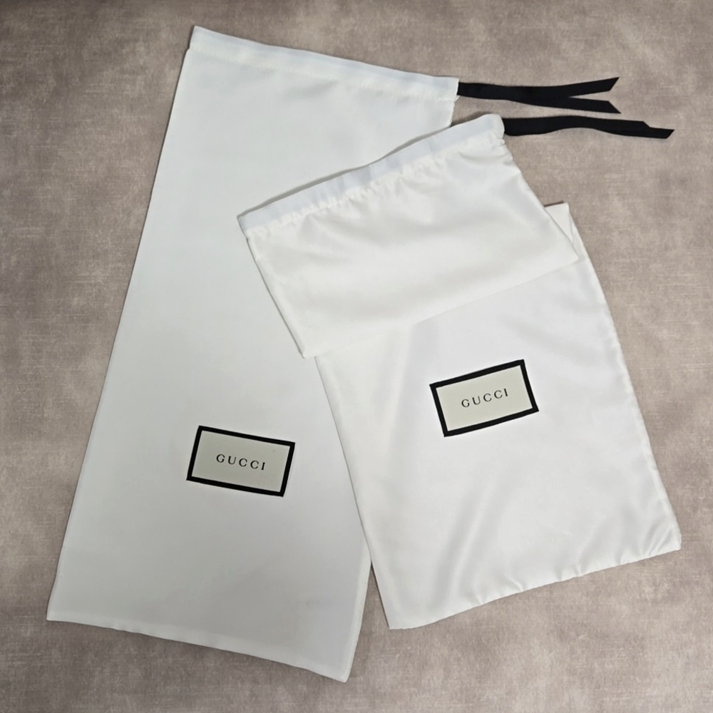 Gucci dustbags (2), white polyester, 8"×18", unused